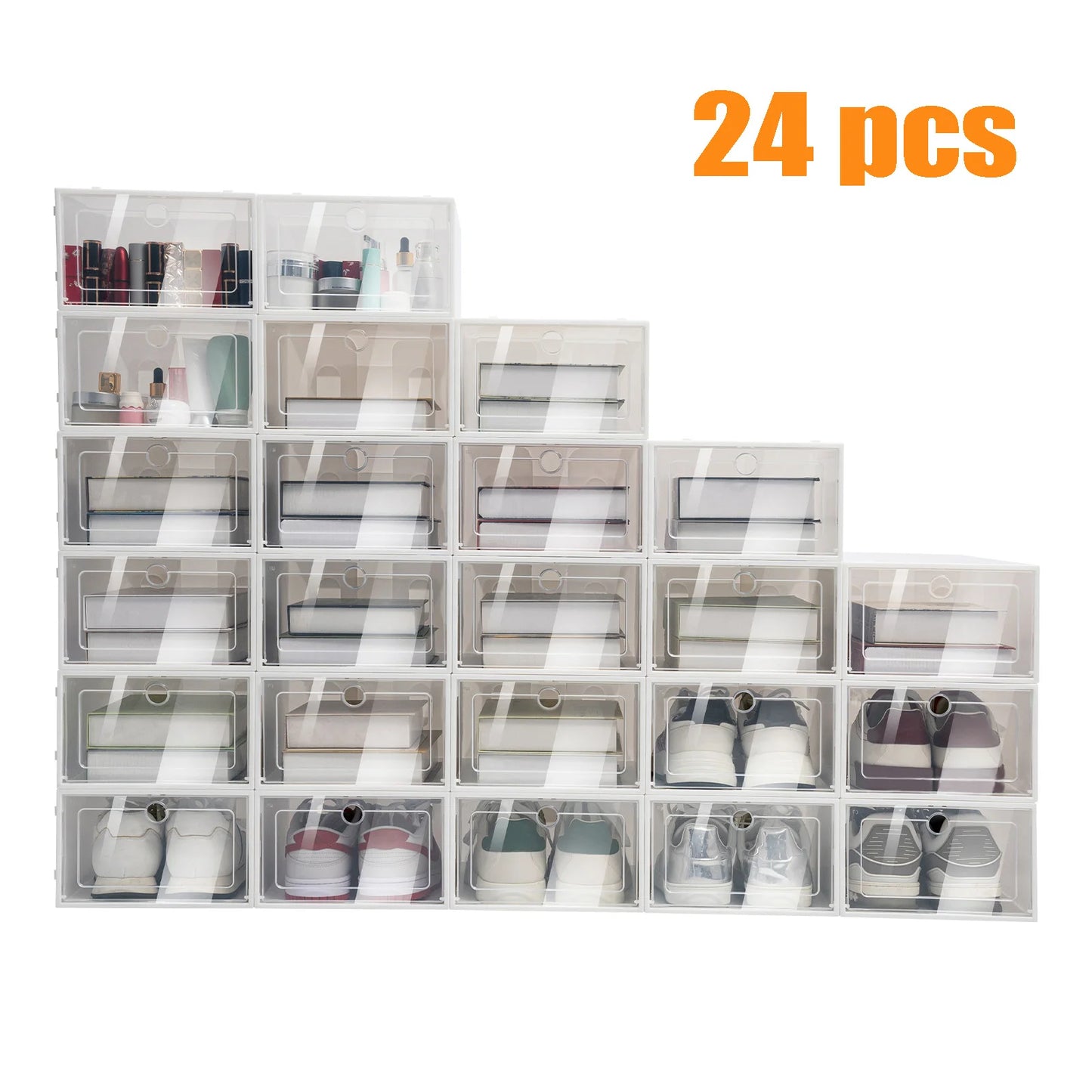 24pcs/set Transparent Plastic Shoe Case  Large Thickened Shoe Box Stackable Organizer Drawer Shoe Rack White