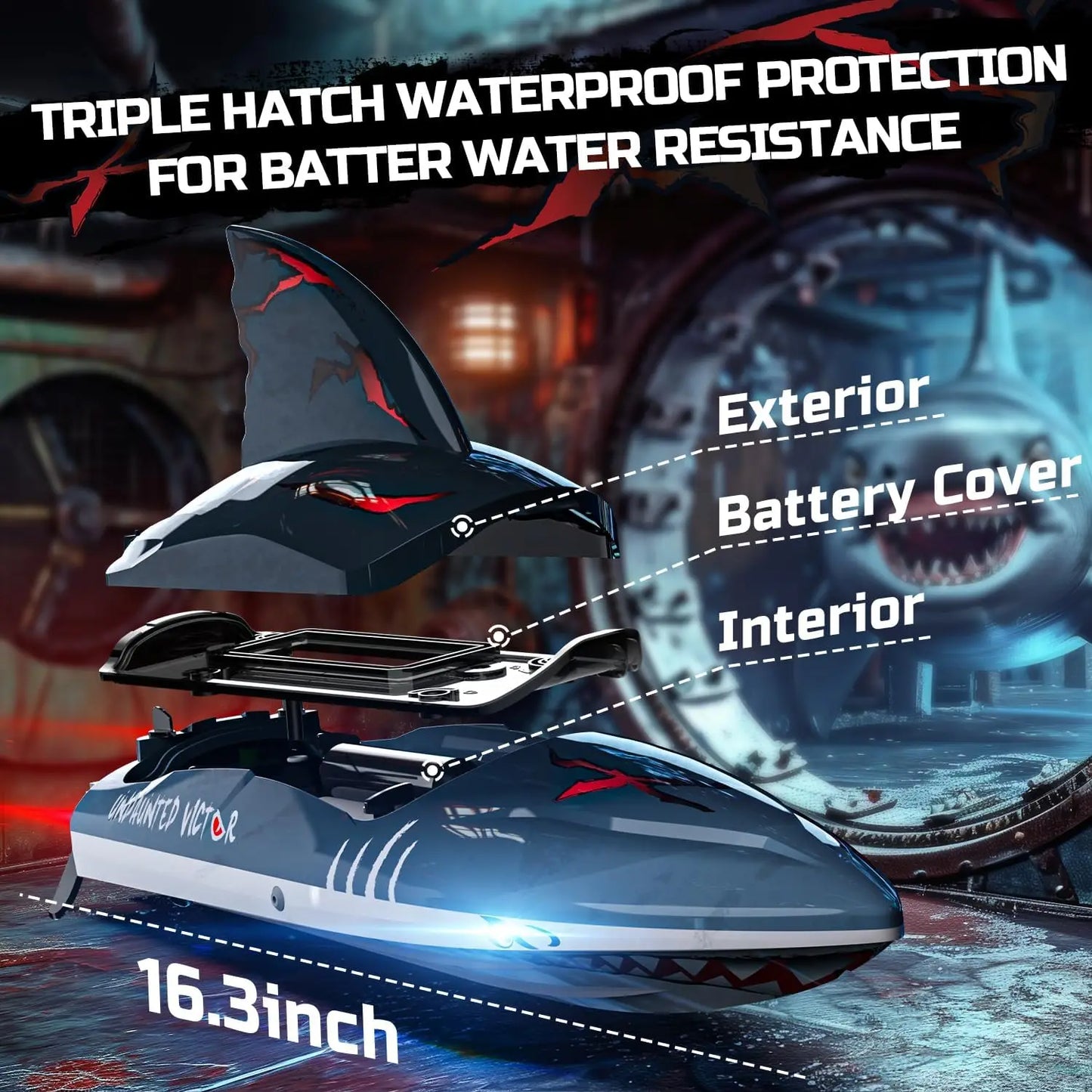 DEERC RC Shark Boat DE 2104 SHARK 48+ km/h, 3S Speed, Self-Rising, 2.4 GHz, LED Lights, Summer Gift.