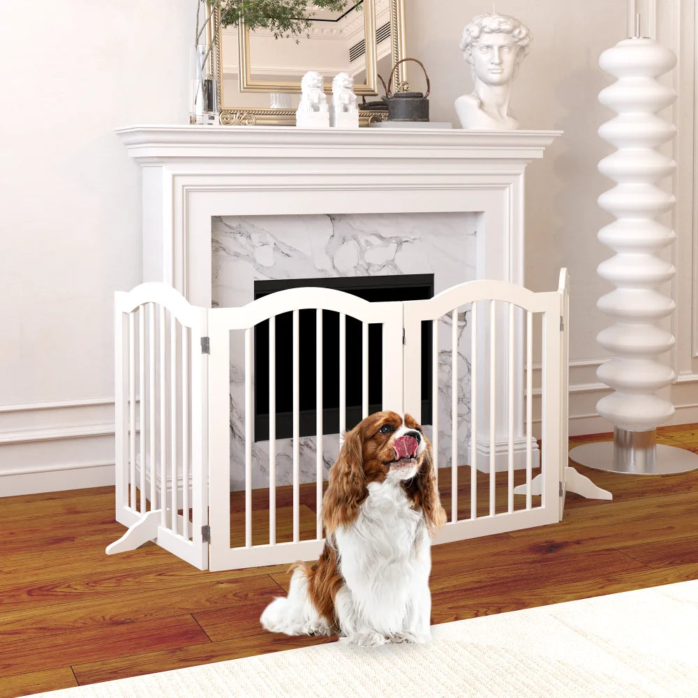 27.6" Height Tall Freestanding Pet Gate 4 Panels Foldable Dog Gate Solid Wood Folding Safety Fence Wooden Dog Gate with 2 Pcs