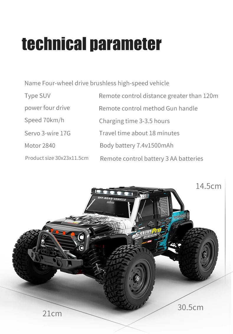 16103 PRO RC Offroad 4x4 70KM/H High-Speed RC Car 2.4GHz Brushless Motor, 1:16 4WD Off-road Climbing Vehicle Wtith LED Light