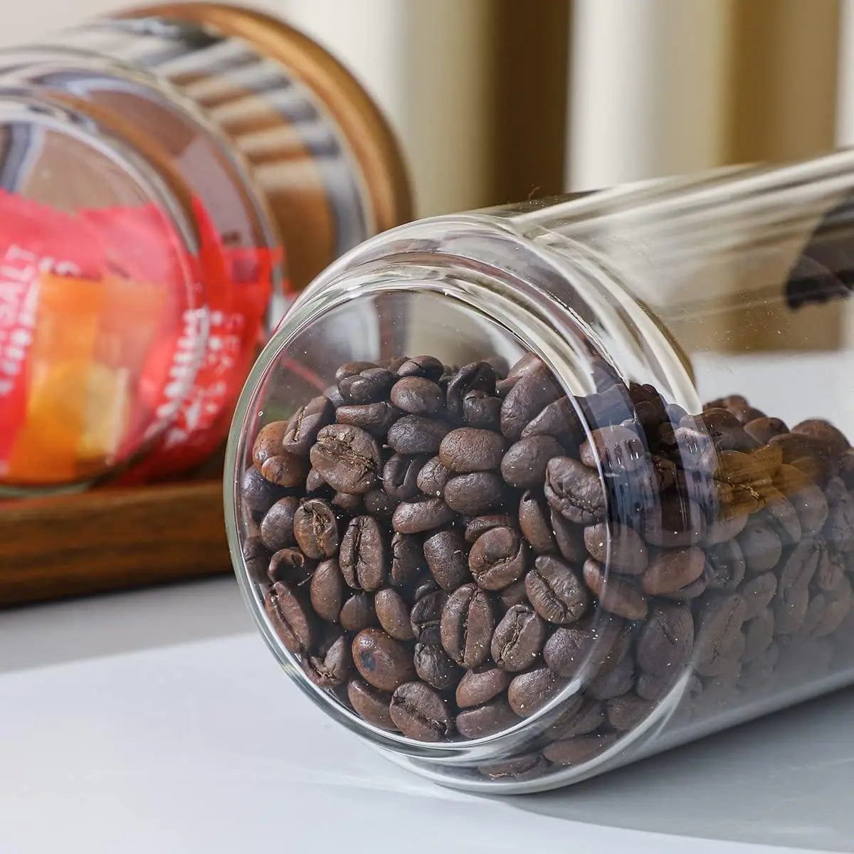 1 PC Small Glass Storage Jars with Airtight Lids,  coffee container with Wooden Lid, Glass Pantry Canister for Beans, Rice,Sugar