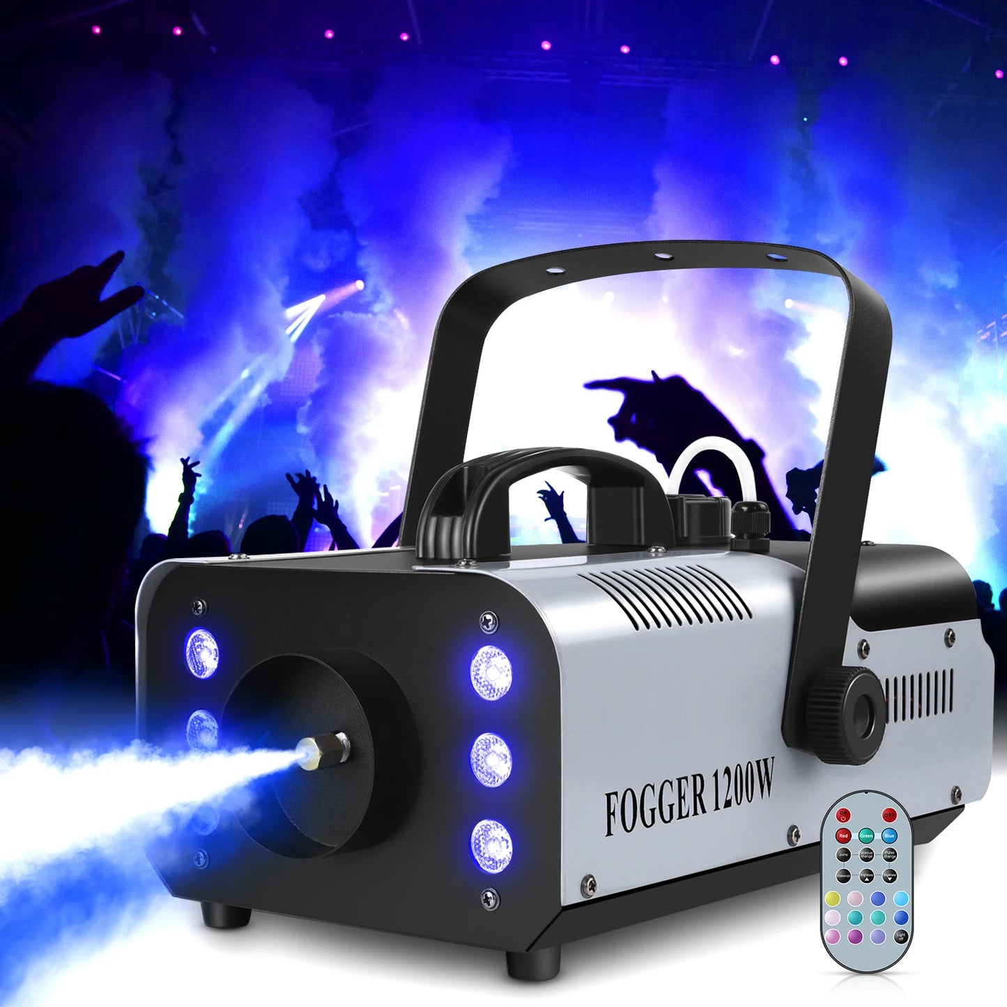 Fieryzeal 1200W Fog Machine RGB Stage Effect Smoke Machine 6LEDs Lighting Smoke Haze Generator Remote Fogger for DJ Disco Party