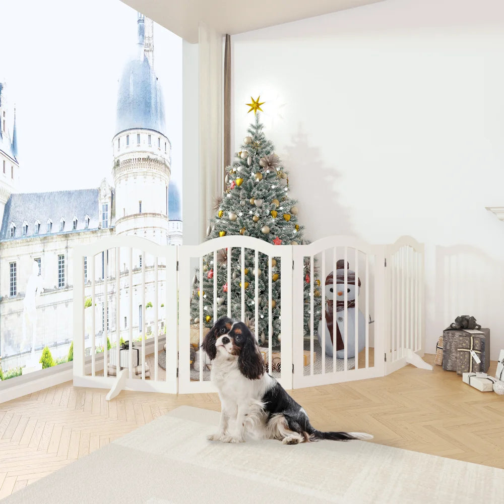 27.6" Height Tall Freestanding Pet Gate 4 Panels Foldable Dog Gate Solid Wood Folding Safety Fence Wooden Dog Gate with 2 Pcs