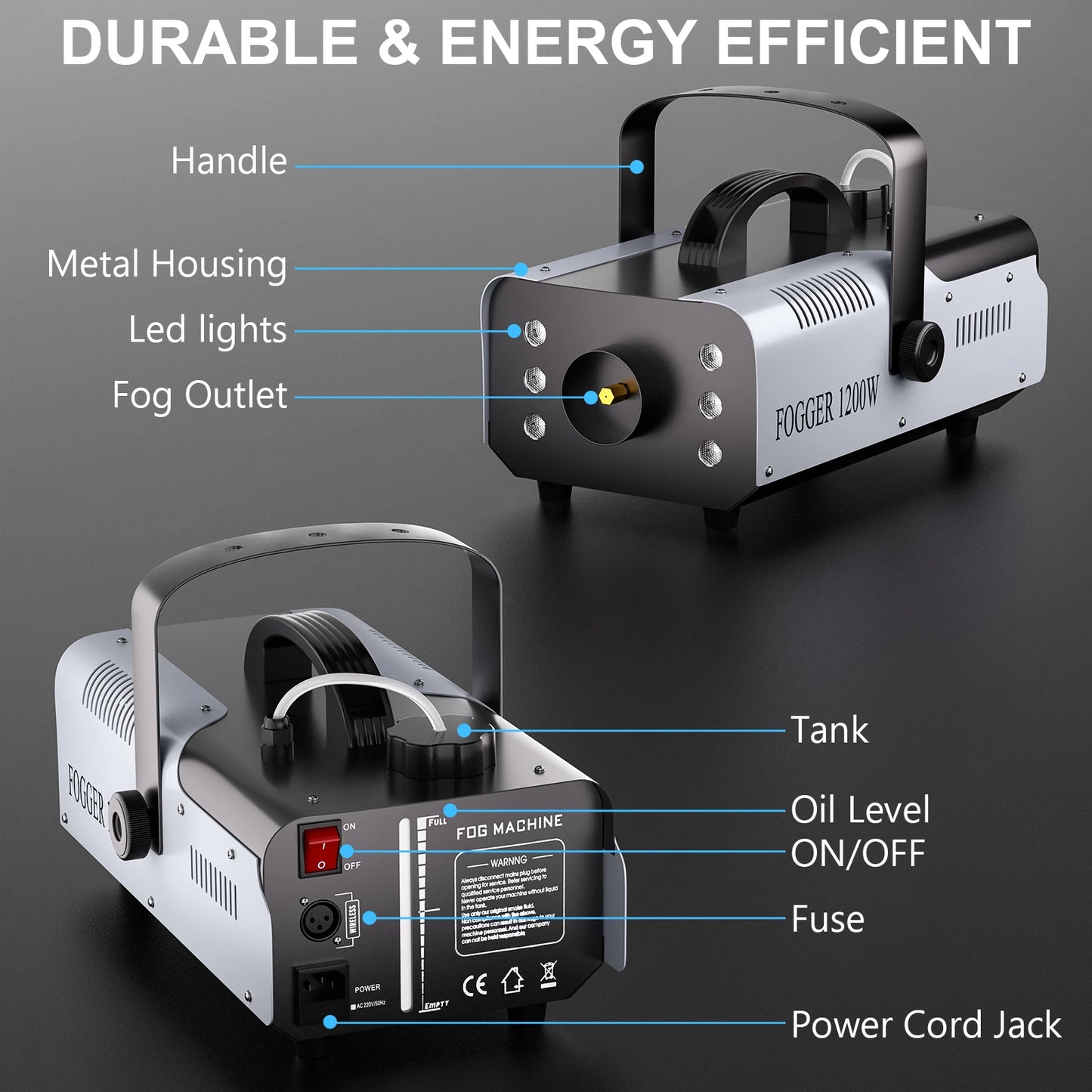 Fieryzeal 1200W Fog Machine RGB Stage Effect Smoke Machine 6LEDs Lighting Smoke Haze Generator Remote Fogger for DJ Disco Party