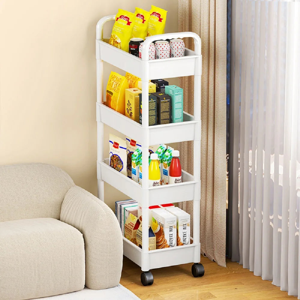 1pc 3/4-Tier Rolling Storage Cart, Plastic Multi-Functional Organizer Trolley, Slim, Space-Saving, Adjustable Shelves, with Easy