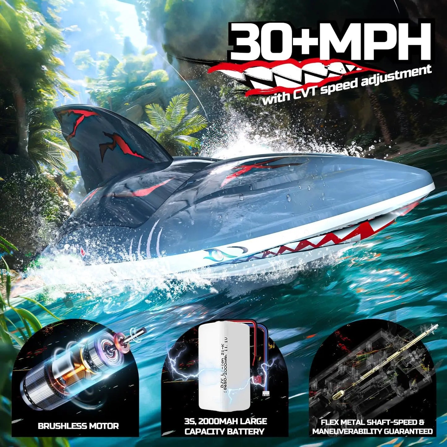 DEERC RC Shark Boat DE 2104 SHARK 48+ km/h, 3S Speed, Self-Rising, 2.4 GHz, LED Lights, Summer Gift.