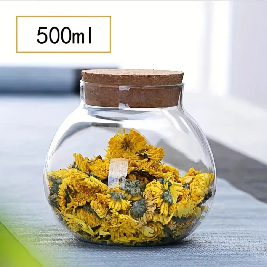 500ml/17 oz Clear Glass Bottles with Cork Stopper-Empty Refillable Round Food Flower Tea Candy Seasoning Storage Container Jars