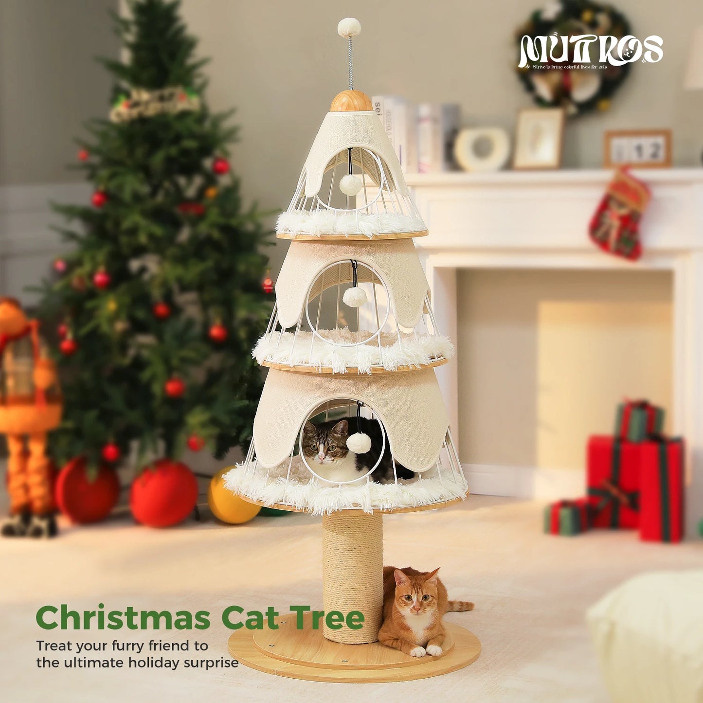 Christmas Cat Tree with 3 Cozy Condos, Sisal Scratching Post, Multi-Level Cat Tower, Cat House Bed for Indoor, Cat Furniture