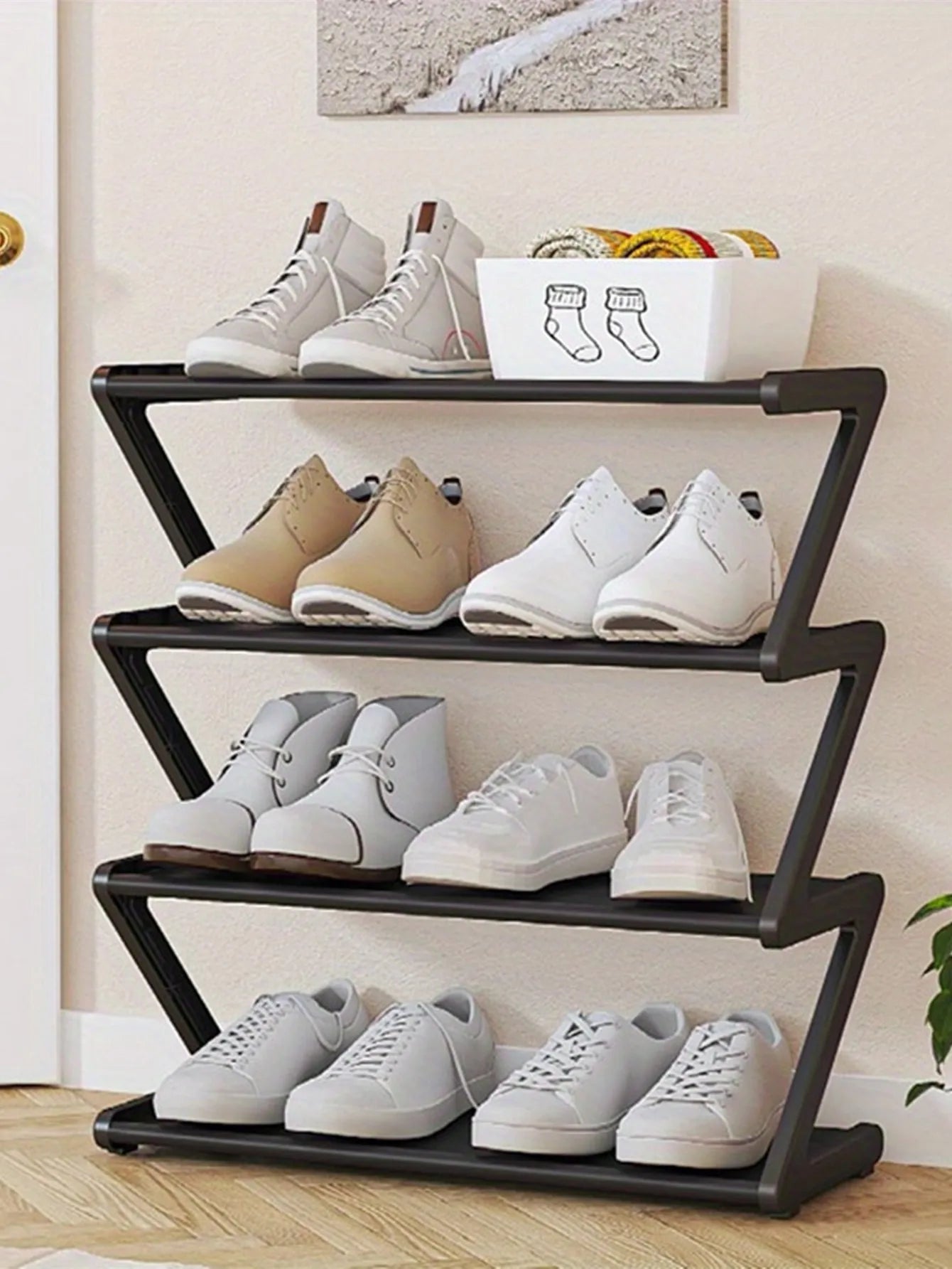 1pc 4-Tier Z-Shaped Shoe Rack, Multifunctional Shoe Cabinet Storage Rack, Plastic Stand with Metal Steel Pipes, Space-Saving, Suitable for Front Door Entrance, Hallway, Corridor, and Foyer