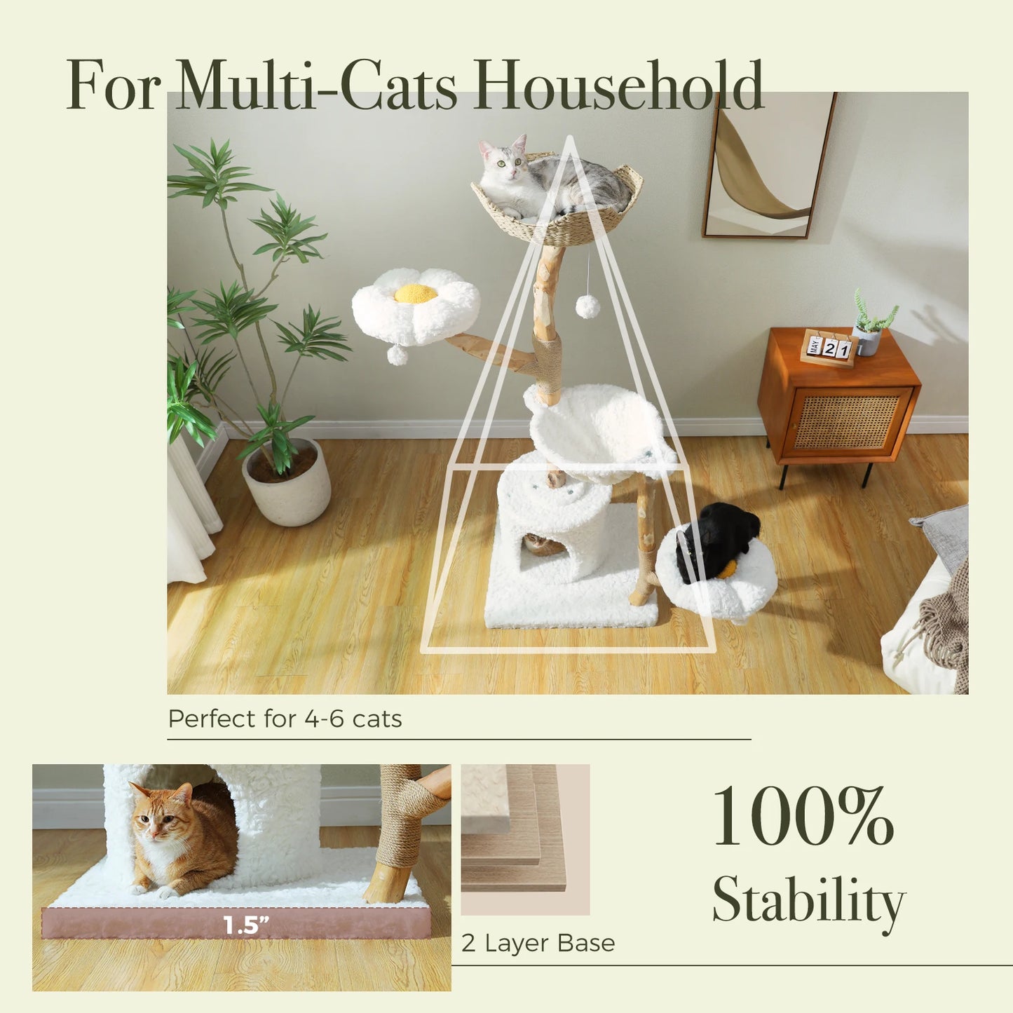 59" Cat Tree Modern Cat Tower with Spacious Cat Condo,Round Cozy Hammock,2 Flower Perches,Double Comfort Perfect for Indoor Cats