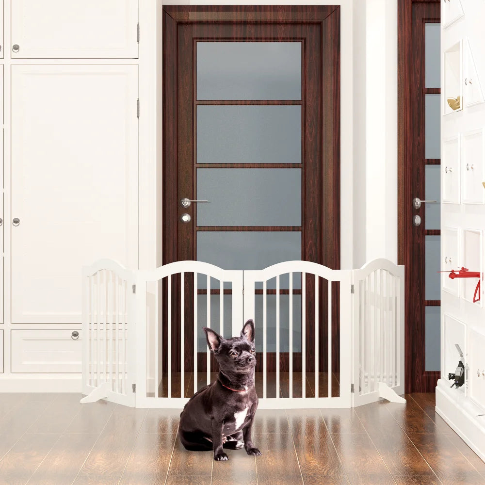 27.6" Height Tall Freestanding Pet Gate 4 Panels Foldable Dog Gate Solid Wood Folding Safety Fence Wooden Dog Gate with 2 Pcs