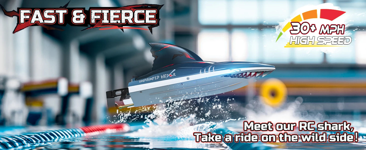 DEERC RC Shark Boat DE 2104 SHARK 48+ km/h, 3S Speed, Self-Rising, 2.4 GHz, LED Lights, Summer Gift.