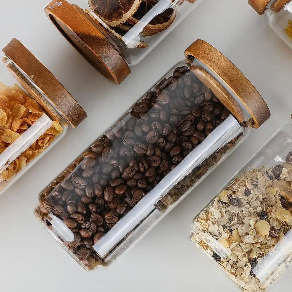 1 PC Small Glass Storage Jars with Airtight Lids,  coffee container with Wooden Lid, Glass Pantry Canister for Beans, Rice,Sugar