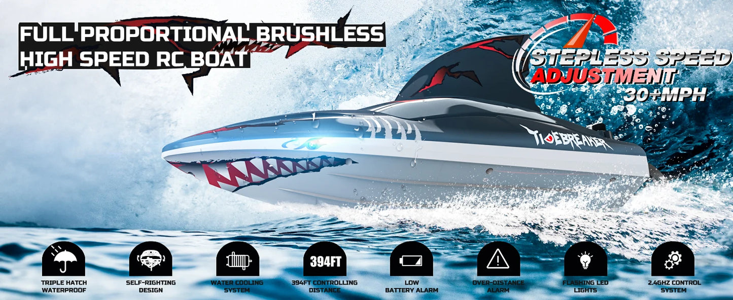 DEERC RC Shark Boat DE 2104 SHARK 48+ km/h, 3S Speed, Self-Rising, 2.4 GHz, LED Lights, Summer Gift.