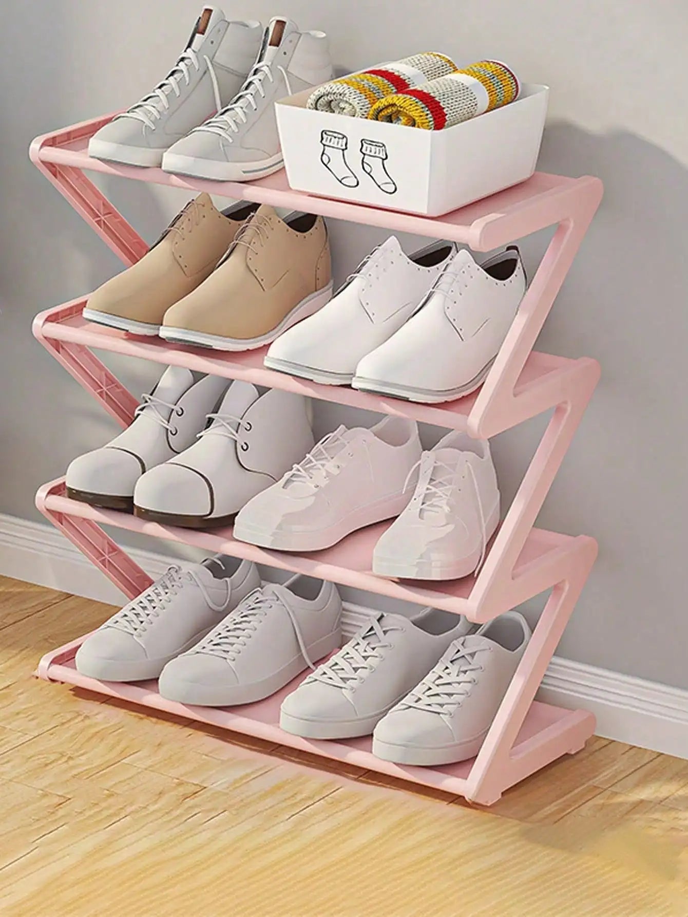 1pc 4-Tier Z-Shaped Shoe Rack, Multifunctional Shoe Cabinet Storage Rack, Plastic Stand with Metal Steel Pipes, Space-Saving, Suitable for Front Door Entrance, Hallway, Corridor, and Foyer