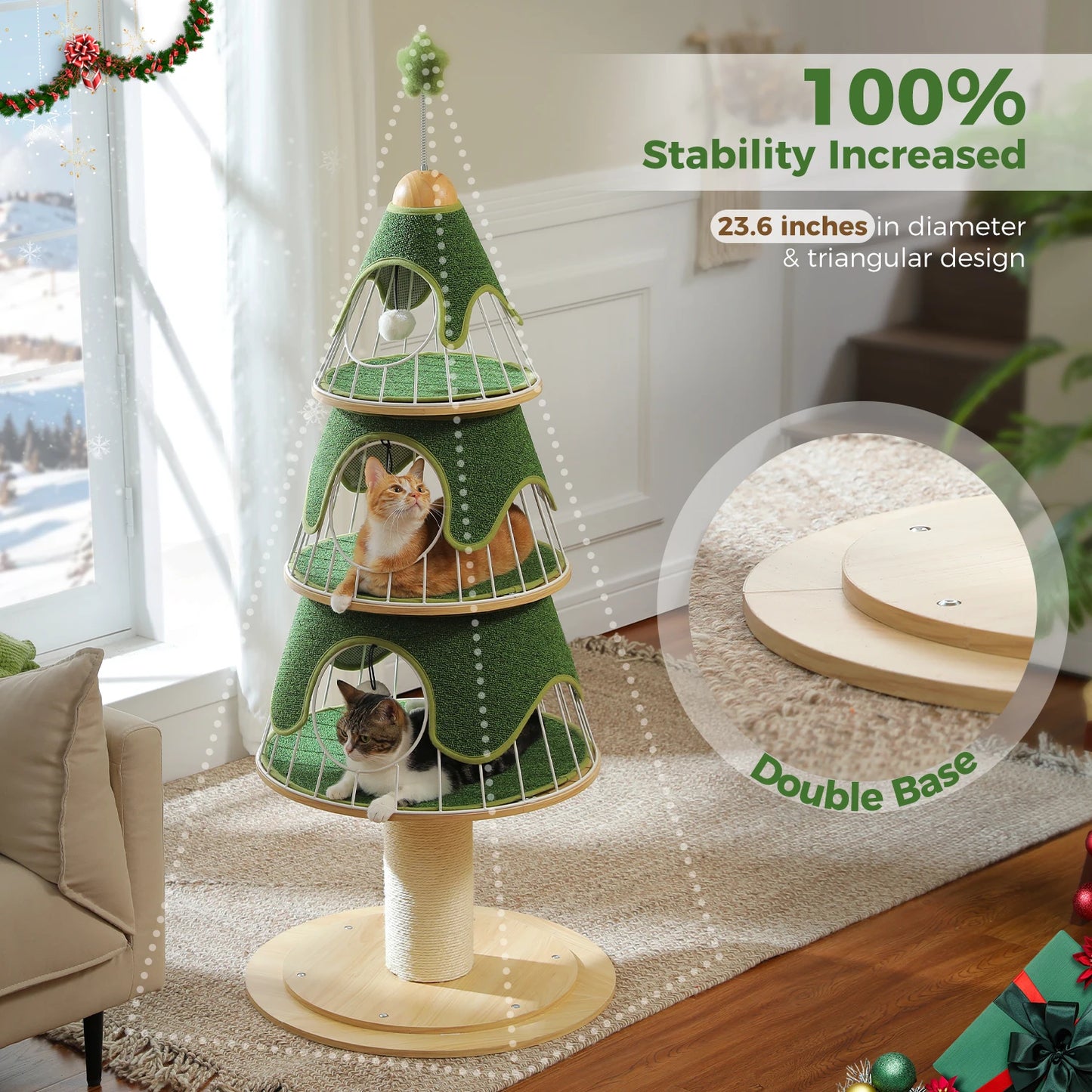 Christmas Cat Tree with 3 Cozy Condos, Sisal Scratching Post, Multi-Level Cat Tower, Cat House Bed for Indoor, Cat Furniture