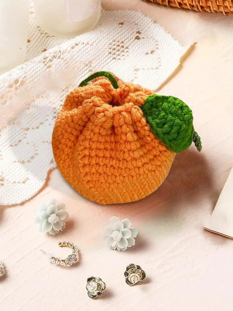 Orange Coin Purse Crochet Drawstring Bag Cute Drawstring Orange-Shaped Cute Wallet Crochet Tangerine Bag For Coin Chargers