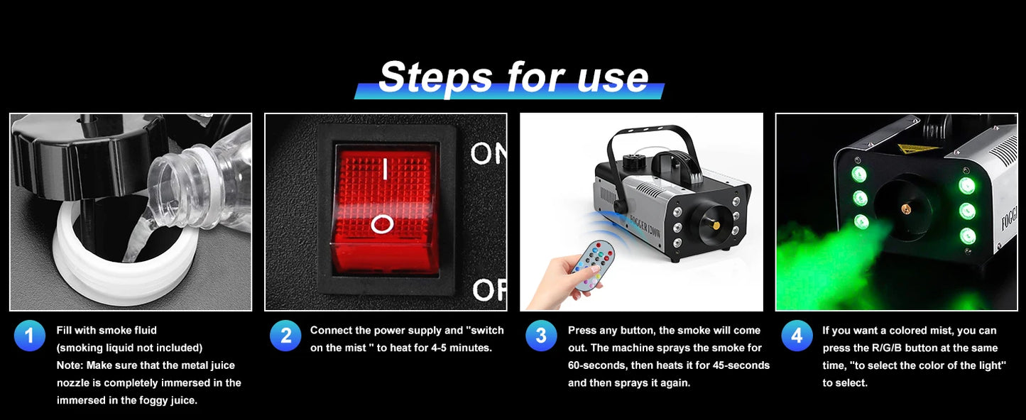 Fieryzeal 1200W Fog Machine RGB Stage Effect Smoke Machine 6LEDs Lighting Smoke Haze Generator Remote Fogger for DJ Disco Party
