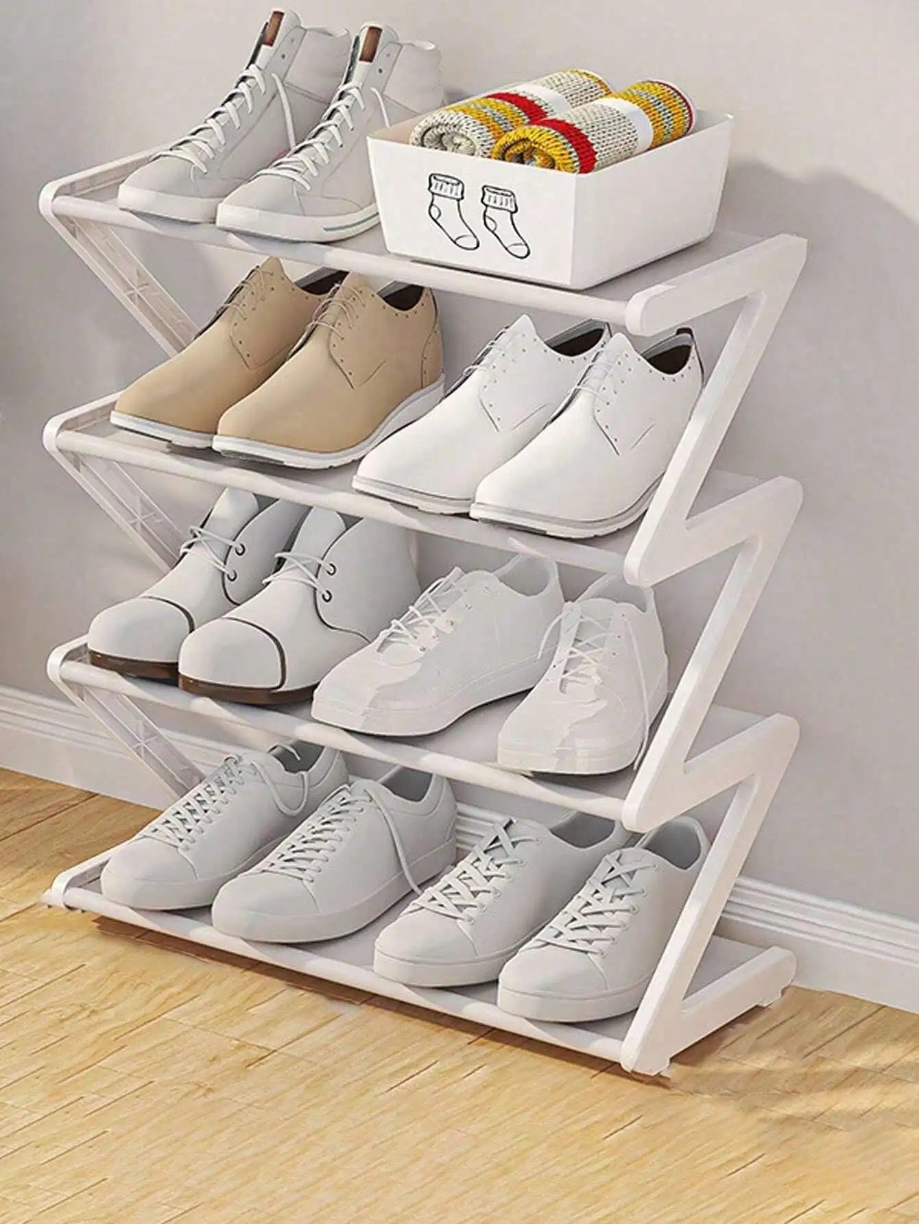 1pc 4-Tier Z-Shaped Shoe Rack, Multifunctional Shoe Cabinet Storage Rack, Plastic Stand with Metal Steel Pipes, Space-Saving, Suitable for Front Door Entrance, Hallway, Corridor, and Foyer