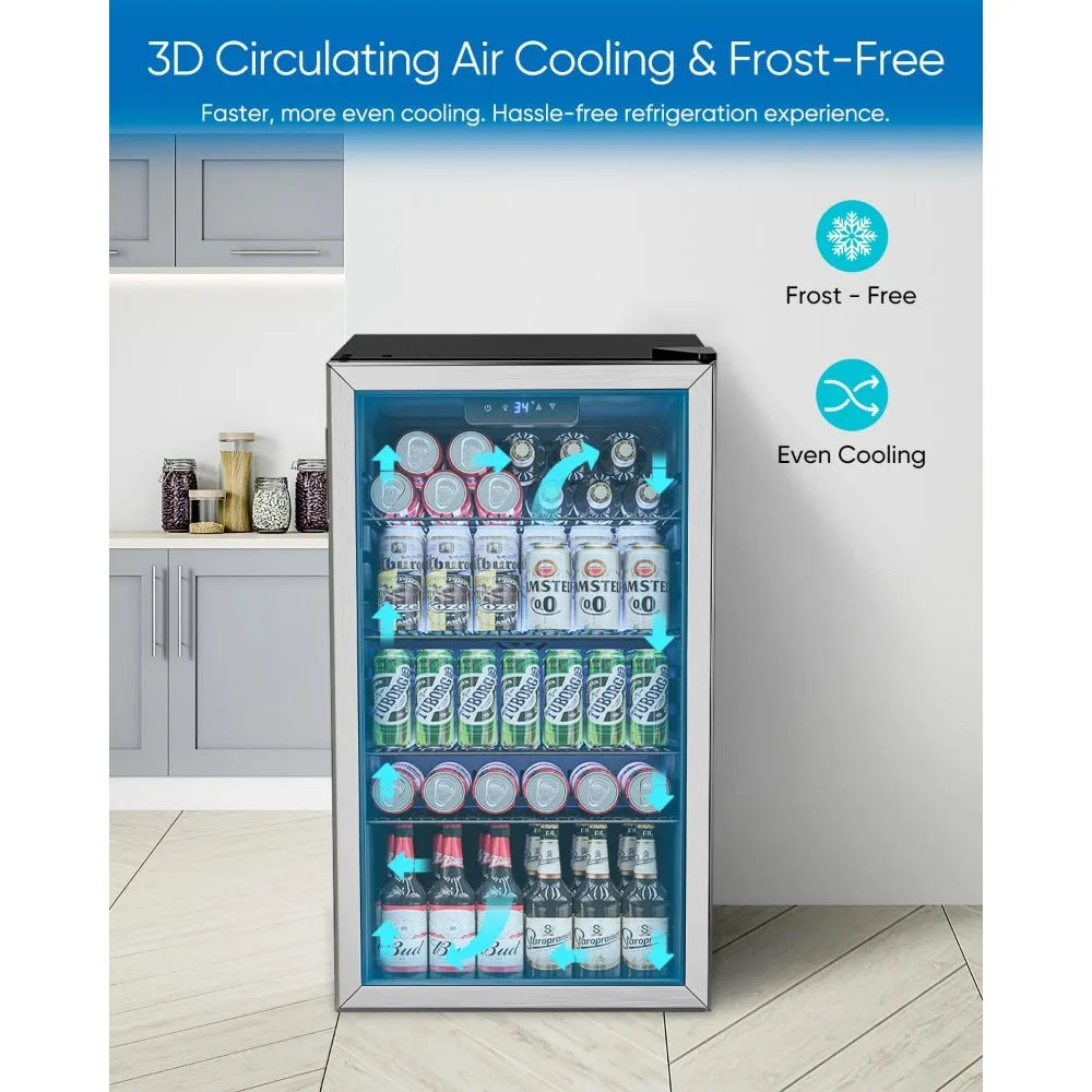 Beverage Refrigerator Cooler - 126 Can Mini Fridge Glass Door for Drinks Soda Beer Wine - Small Refrigerator for Office Bedroom