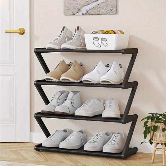 1pc 4-Tier Z-Shaped Shoe Rack, Multifunctional Shoe Cabinet Storage Rack, Plastic Stand with Metal Steel Pipes, Space-Saving, Suitable for Front Door Entrance, Hallway, Corridor, and Foyer