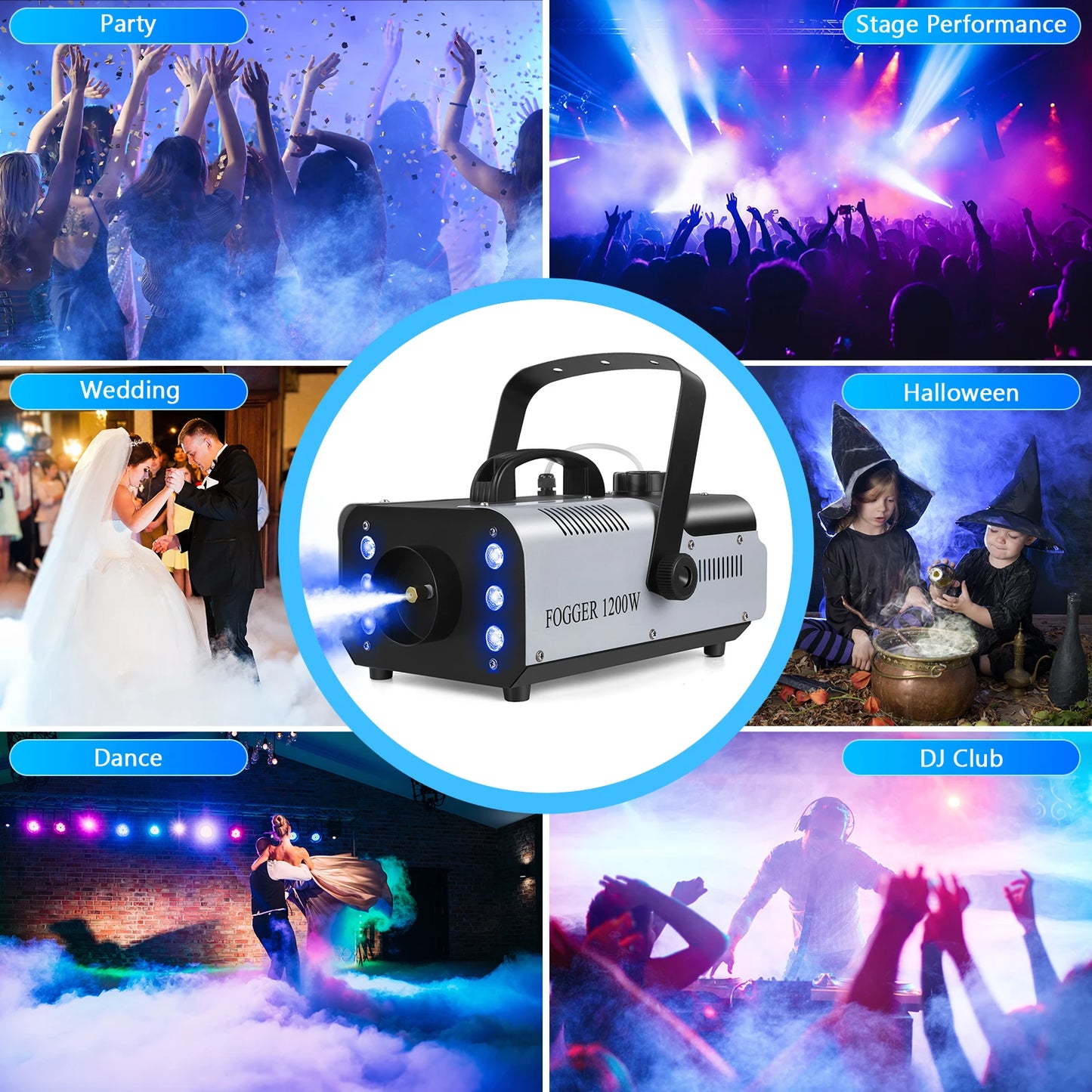 Fieryzeal 1200W Fog Machine RGB Stage Effect Smoke Machine 6LEDs Lighting Smoke Haze Generator Remote Fogger for DJ Disco Party