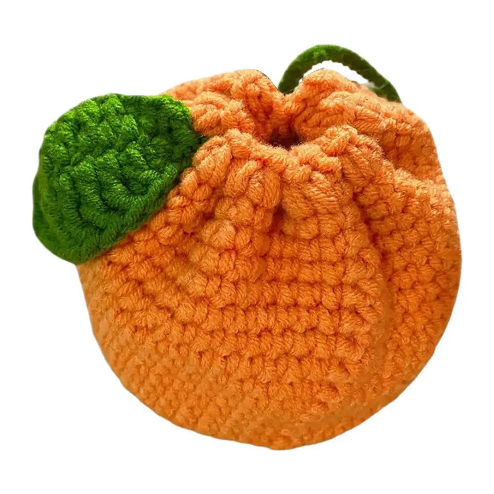 Orange Coin Purse Crochet Drawstring Bag Cute Drawstring Orange-Shaped Cute Wallet Crochet Tangerine Bag For Coin Chargers