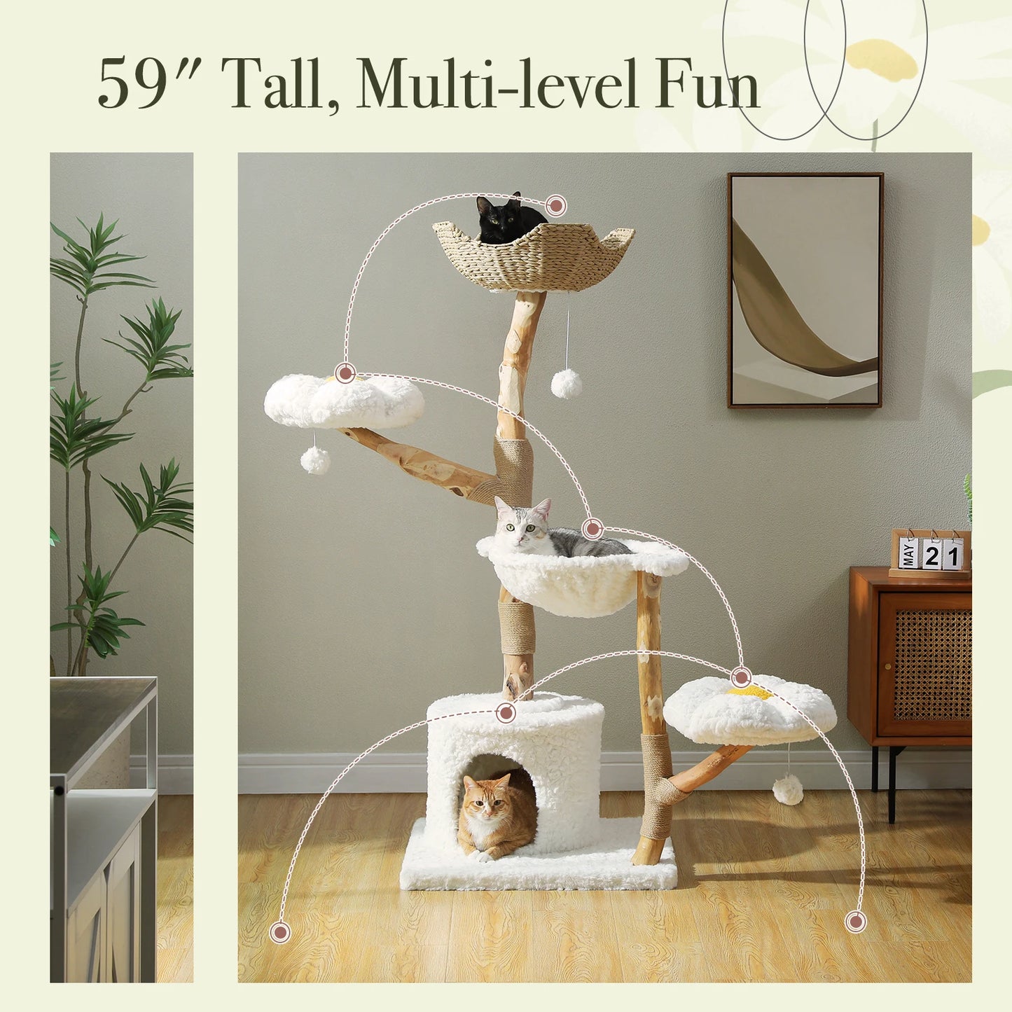 59" Cat Tree Modern Cat Tower with Spacious Cat Condo,Round Cozy Hammock,2 Flower Perches,Double Comfort Perfect for Indoor Cats