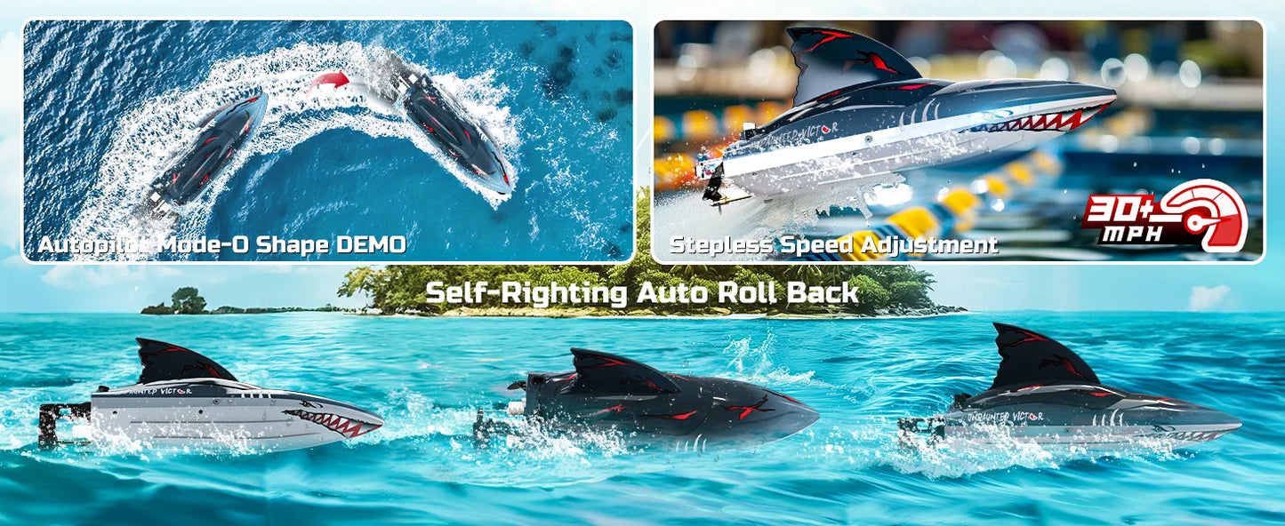 DEERC RC Shark Boat DE 2104 SHARK 48+ km/h, 3S Speed, Self-Rising, 2.4 GHz, LED Lights, Summer Gift.