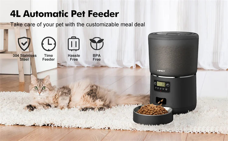NPET 4L Automatic smart pet feeder for cats dogs multiple pets with stainless steel bowl Customize healthy food 1-9 portions