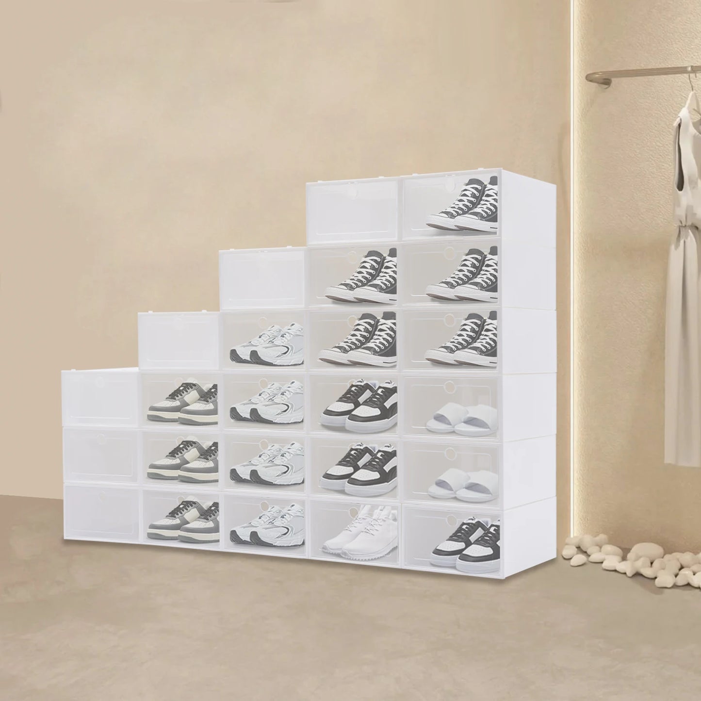 24pcs/set Transparent Plastic Shoe Case  Large Thickened Shoe Box Stackable Organizer Drawer Shoe Rack White
