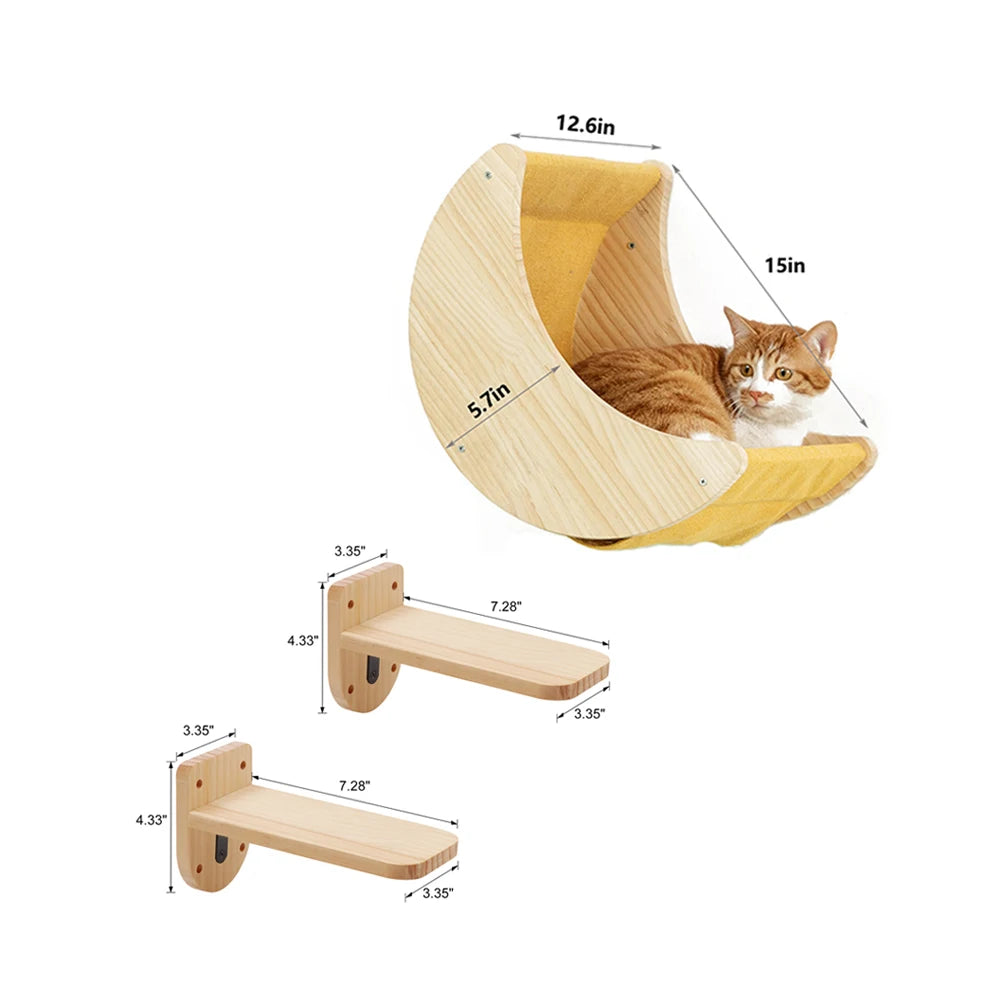 Cat Shelf Wall Hammock Climbing Shelves Moon Shaped And Perches Ladder Solid Wood Steps For Activity Indoor Cats Wall Furniture