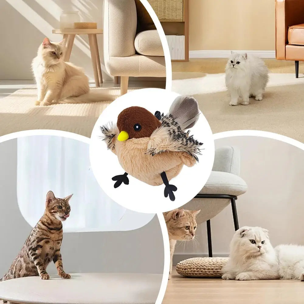 Flapping Bird Cat Toy Touch-Activated Lifelikes Sparrow Snowy Owl Chirping Cat Toy For Indoor Interactive Relieve Boredom