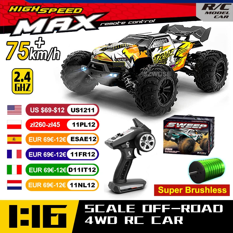 WLtoys 16101 Pro 1:16 75KM/H 4WD RC Car With LED Light 2.4G Remote Control Cars High Speed Drift Monster Truck for Children Gift