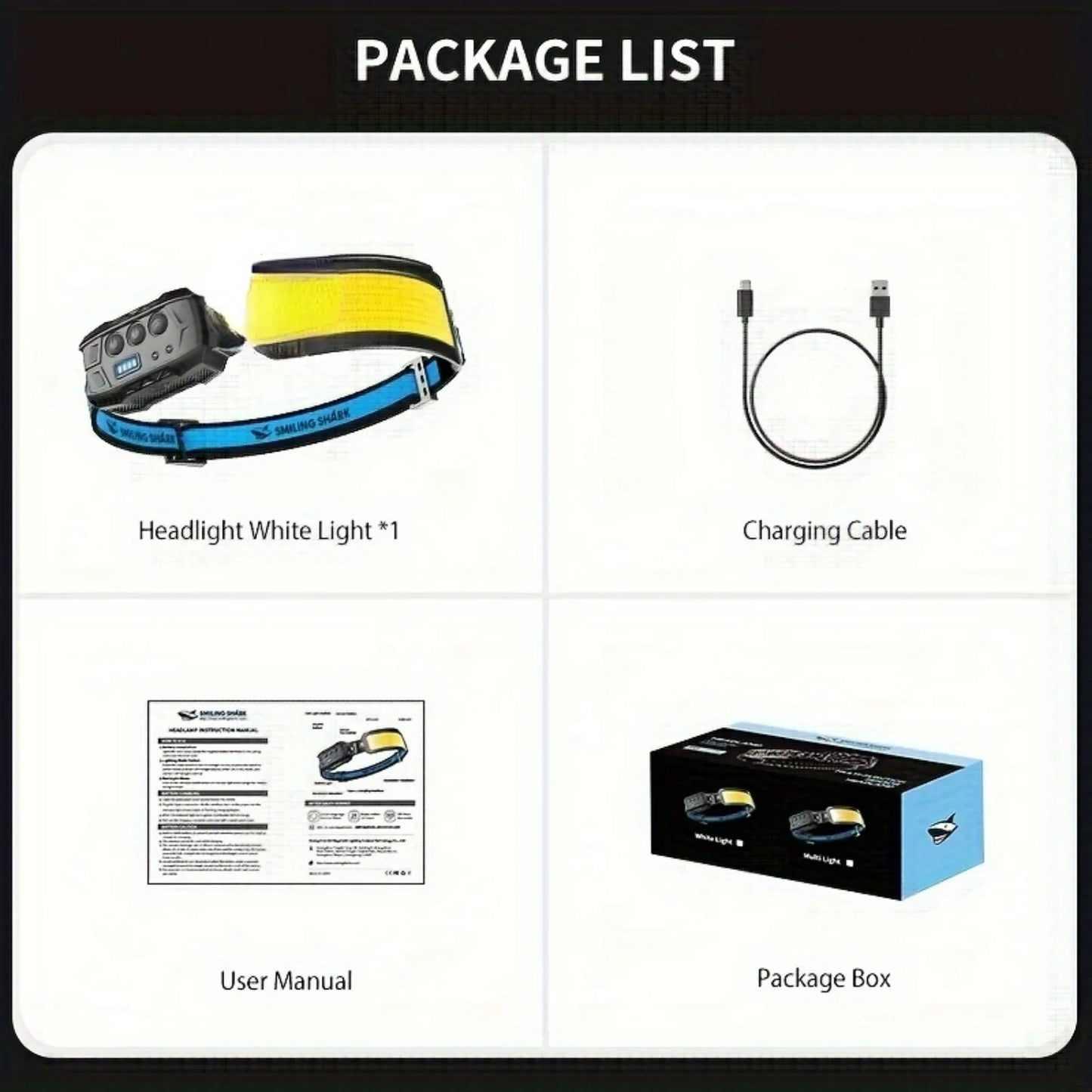 Smiling Shark Rechargeable Headlamp with 7*Bright White Lights, 270° Motion Sensor, 6 Versatile Modes, and Red Tail Light - Ide