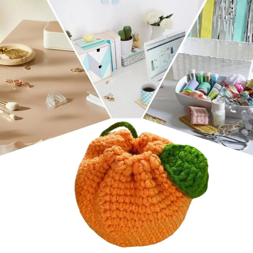 Orange Coin Purse Crochet Drawstring Bag Cute Drawstring Orange-Shaped Cute Wallet Crochet Tangerine Bag For Coin Chargers