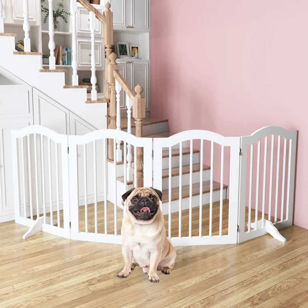27.6" Height Tall Freestanding Pet Gate 4 Panels Foldable Dog Gate Solid Wood Folding Safety Fence Wooden Dog Gate with 2 Pcs