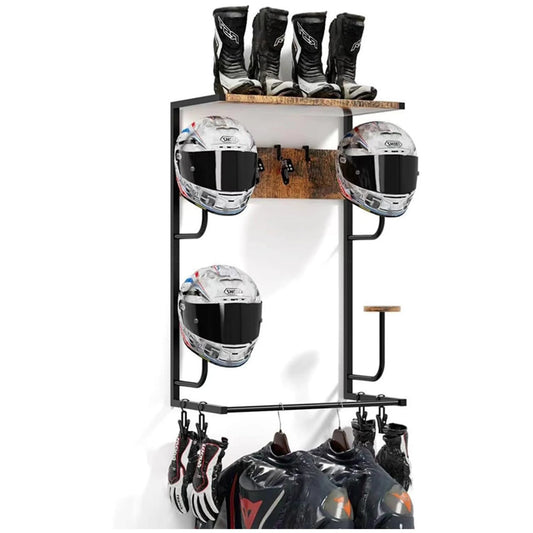 Motorcycle Helmet Holder Wall Mount, Iron Storage Motorcycle Helmet Rack with Hooks, 4 Hat Stands & 4 Gloves Clips