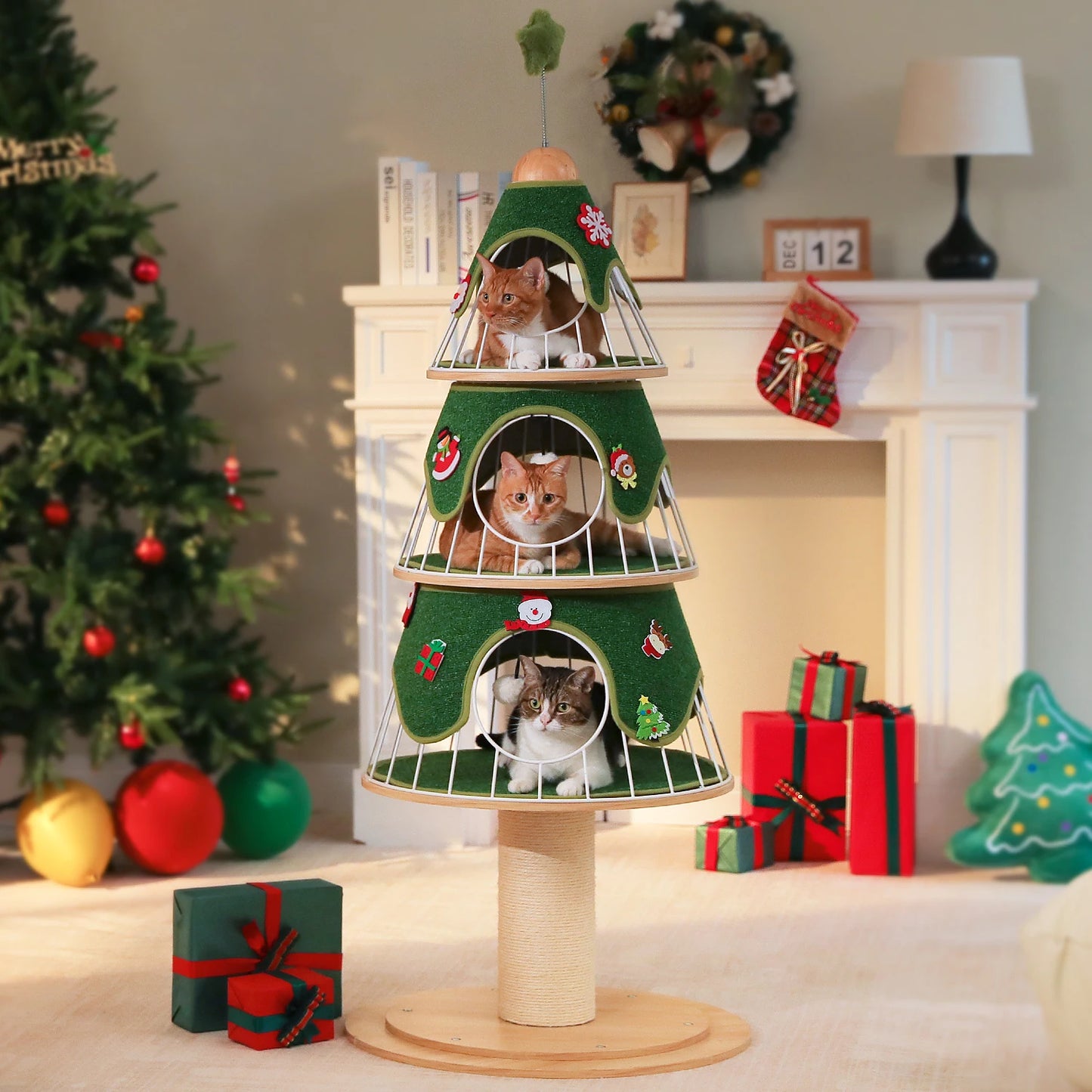 Christmas Cat Tree with 3 Cozy Condos, Sisal Scratching Post, Multi-Level Cat Tower, Cat House Bed for Indoor, Cat Furniture