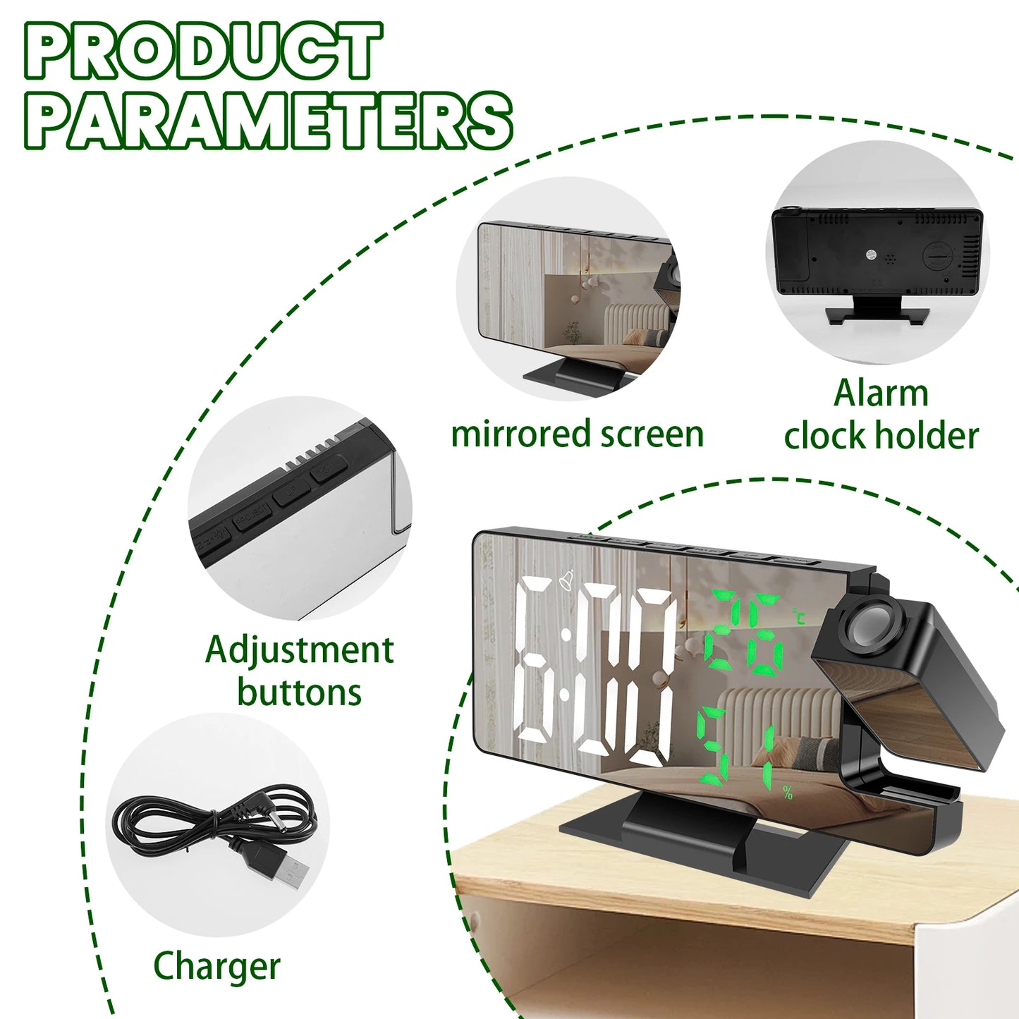 Projection digital alarm clock 180 ° arm projection LED alarm clock multifunctional USB plug in projector desktop LED clock