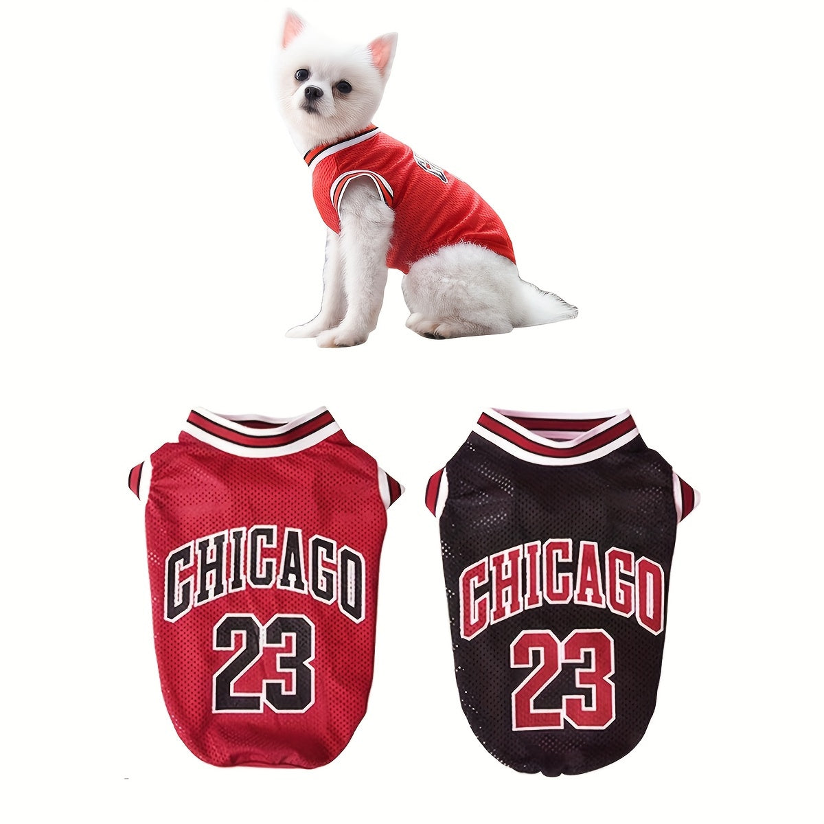 2pcs Chicago #23 Basketball Jersey Dog Vests - Breathable Mesh Pet Shirts for Small, Medium & Large Dogs - Red & White or Black & White Design - Perfect for Spring, Summer & Fall, Dog Jersey Outfit | Vibrant Pet Clothing | Co