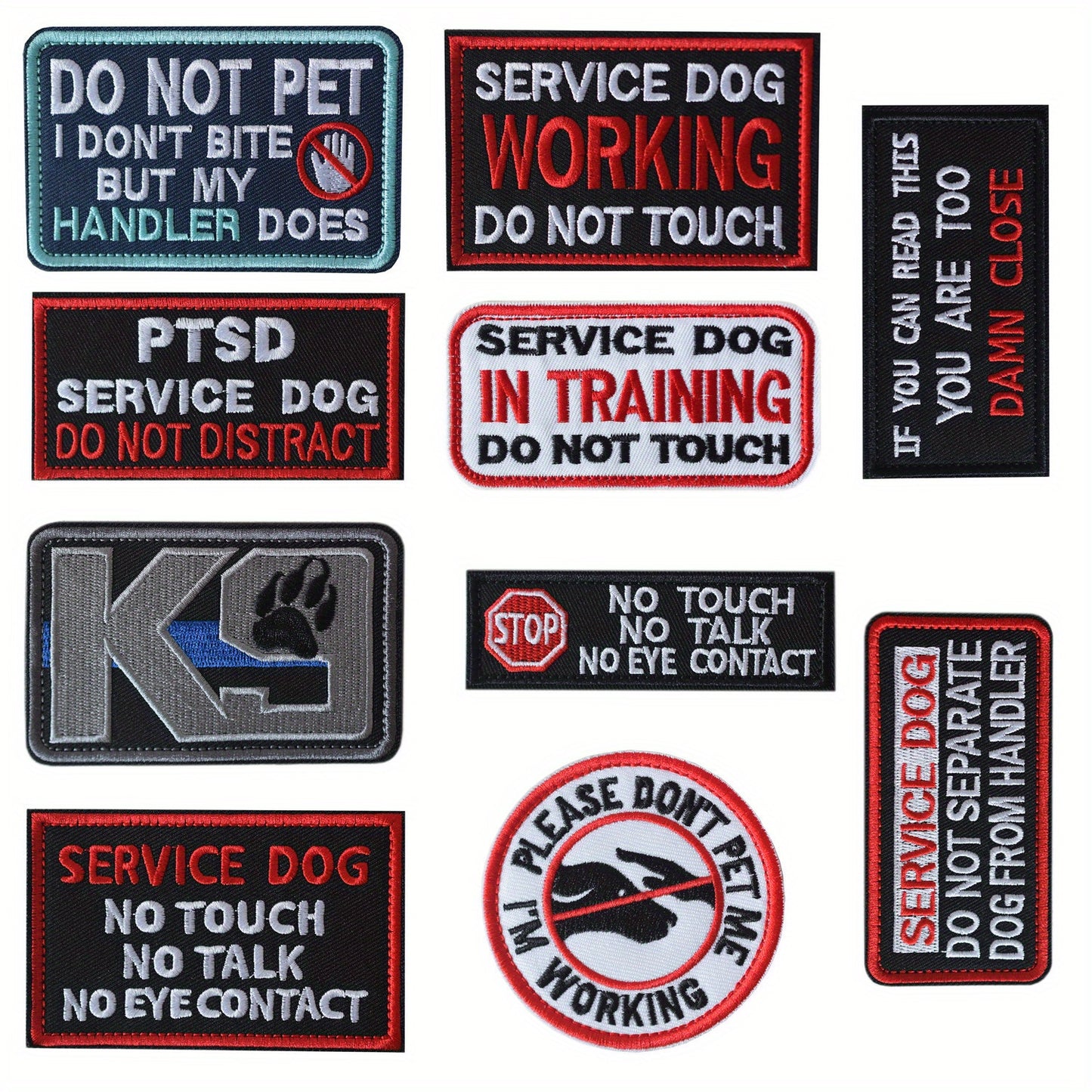 J.CARP 10pcs Service Dog Patches, Acrylic Embroidered Fastener Hook And Loop Patch for Dog Vest Harnesses Collar, Collars for Dogs
