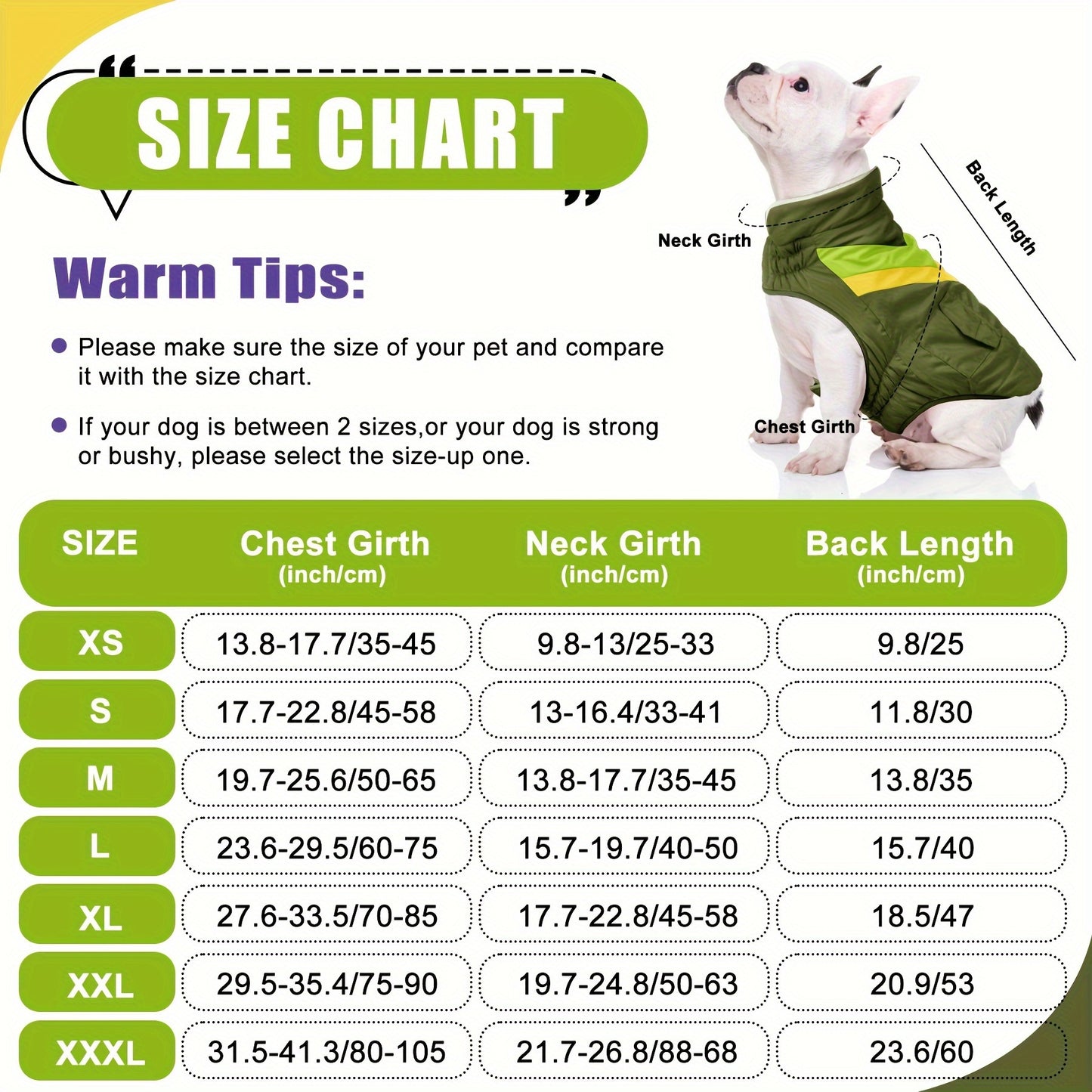 All-Season Warm Fleece Dog Vest with Harness - Windproof Turtleneck Coat for Small to Large Breeds, Green with Yellow Accents, Hook-and-loop Fastener Closure & Pockets for Comfortable Outdoor Adventures, Dog Jacket